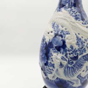 Large Chinese Blue & White Relief Dragon Qing Vases w/ Ruffled Rim 