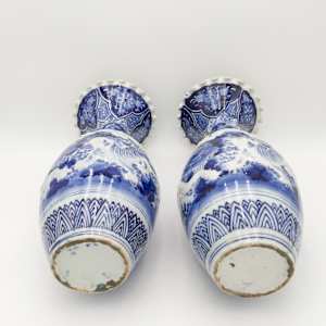 Large Chinese Blue & White Relief Dragon Qing Vases w/ Ruffled Rim 