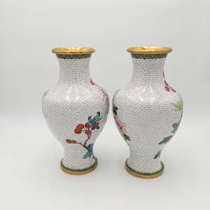 Vintage Chinese Cloisonne Floral Garden Enameled Brass Vase (2PC) 