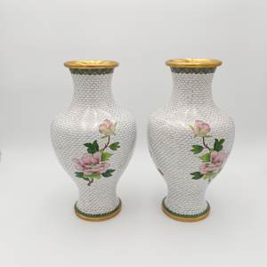 Vintage Chinese Cloisonne Floral Garden Enameled Brass Vase (2PC) 
