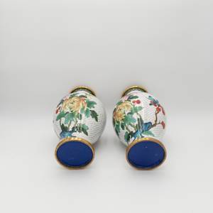 Vintage Chinese Cloisonne Floral Garden Enameled Brass Vase (2PC) 
