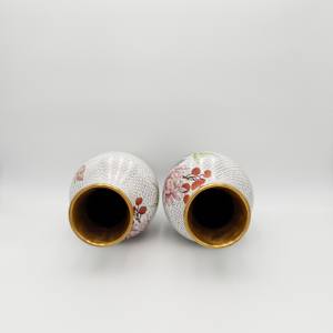 Vintage Chinese Cloisonne Floral Garden Enameled Brass Vase (2PC) 