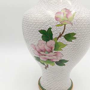 Vintage Chinese Cloisonne Floral Garden Enameled Brass Vase (2PC) 