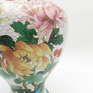 Vintage Chinese Cloisonne Floral Garden Enameled Brass Vase (2PC) 