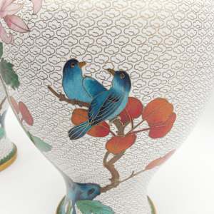 Vintage Chinese Cloisonne Floral Garden Enameled Brass Vase (2PC) 