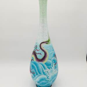 Signed Japanese Lustra Opal Enamel w/ Silver Threads Cloisonne Vase 