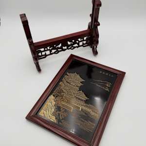 Gilt and Black Lacquer Scholar Table Screen w/ Hardwood Stand 