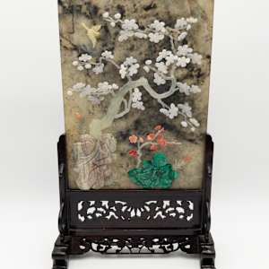 Chinese Spinach Jade & Marble Table Screens Pair w/ Hardwood Stands 