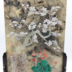 Chinese Spinach Jade & Marble Table Screens Pair w/ Hardwood Stands 