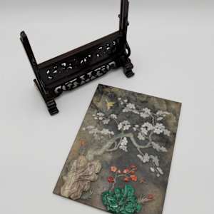 Chinese Spinach Jade & Marble Table Screens Pair w/ Hardwood Stands 