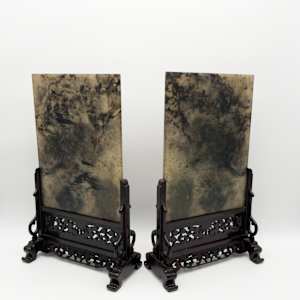 Chinese Spinach Jade & Marble Table Screens Pair w/ Hardwood Stands 