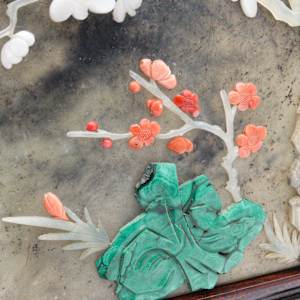 Chinese Spinach Jade & Marble Table Screens Pair w/ Hardwood Stands 