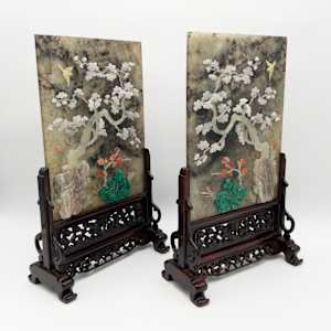 Chinese Spinach Jade & Marble Table Screens Pair w/ Hardwood Stands 