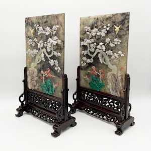 Chinese Spinach Jade & Marble Table Screens Pair w/ Hardwood Stands 