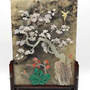 Chinese Spinach Jade & Marble Table Screens Pair w/ Hardwood Stands 