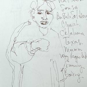 Drawings of Patrick O'Connor's presentation about his book, Wichita Blues,  The Kansas African American Museum by Denita Benyshek  Image: Girl wearing a white dress, from photograph on display in museum. O'Connor recounting history, Pearl Harbor, John Philip Sousa, buffalo soldiers...