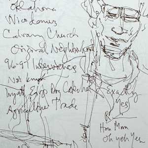 Drawings of Patrick O'Connor's presentation about his book, Wichita Blues,  The Kansas African American Museum by Denita Benyshek  Image: Patrick O'Connor sharing the story of the research grant.