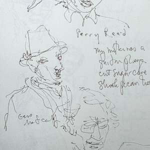 Drawings of Patrick O'Connor's presentation about his book, Wichita Blues,  The Kansas African American Museum by Denita Benyshek  Image: Patrick O'Connor sharing part of an interview from Remona Hicks (Miss Blues): My mother was a guitar player... cut sugarcane... shook pecan trees...