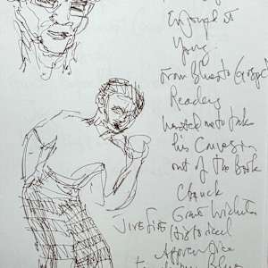 Drawings of Patrick O'Connor's presentation about his book, Wichita Blues,  The Kansas African American Museum by Denita Benyshek  Image: Patrick O'Connor speaking and a drawing of a photograph of a young man in the Jive Five group. 