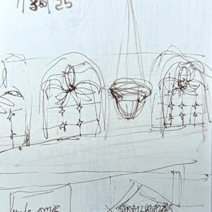 Drawings of Patrick O'Connor's presentation about his book, Wichita Blues,  The Kansas African American Museum by Denita Benyshek  Image: Interior, history Calvary Baptist Church, built 1917.