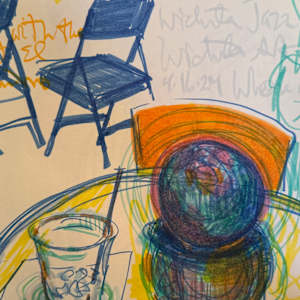 Wichita Jazz Festival, 2024, series of drawings by Denita Benyshek  Image: Trumpet, Wichita Art Museum and Wichita Jazz Festival, 4/16/24