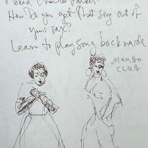 Drawings of Patrick O'Connor's presentation about his book, Wichita Blues,  The Kansas African American Museum by Denita Benyshek  Image: Woman wearing long white dress and woman dancer from the Mambo Club.