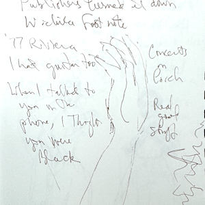 Drawings of Patrick O'Connor's presentation about his book, Wichita Blues,  The Kansas African American Museum by Denita Benyshek  Image: How publishers turned down book initially, how one of the musicians assumed O'Connor was black during a phone call.