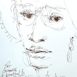 Drawings of Patrick O'Connor's presentation about his book, Wichita Blues,  The Kansas African American Museum by Denita Benyshek  Image: Portrait of Pat Grimmeth, who sat next to me during the talk.