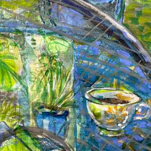Morning Coffee in Garden 3, with Piet Ouldolf books and Kuan Yin by Denita Benyshek 