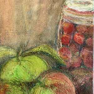 Apples and a jar of plums by Karen Blacklock  Image: Stage 1