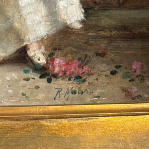 “The First Rose” a Lady in the Garden by German School, R Malvin 