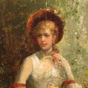 “The First Rose” a Lady in the Garden by German School, R Malvin 