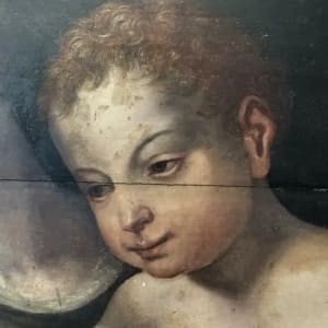 “ Holy Family Virgin Mary Christ Child  “ Old Master Simon de Chalons Circle Oil on Panel by Simon de Chalons 