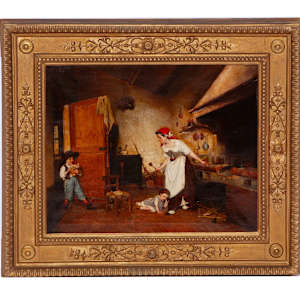 “The Mask”  an “Italian kitchen Scene, mother with kids” by Eugenio Zampighi (Italian, 1859 - 1944) 