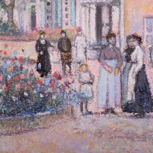 “ Figures Gathered outside a Hotel” by Hugues Claude Pissarro 