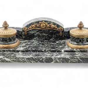 Elegant 19th-century double inkwell crafted from green marble with ornate gilt bronze details