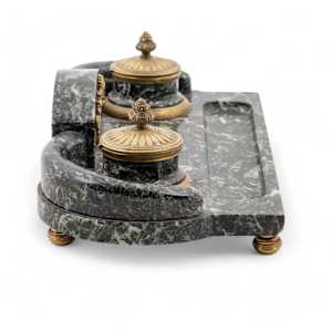 Elegant 19th-century double inkwell crafted from green marble with ornate gilt bronze details 