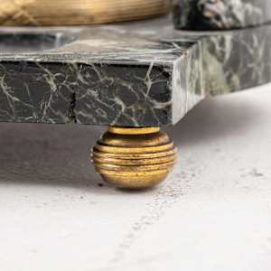 Elegant 19th-century double inkwell crafted from green marble with ornate gilt bronze details 