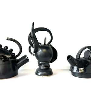 ceramic sculpture. 2024.Angry Teapot Series. (click image to see all) by Vivien  Collens  Image: a series of ceramic sculptures based on the teapot form