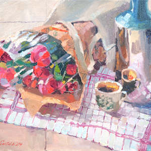 Peonies and coffee, oil on linen, 40x50 cm by Alena Gastaldi