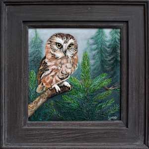 Whimsical Watcher, Northern Saw-whet Owl by Bobbe Jones  Image: Frame