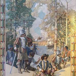 Champlain Making the First Survey of Gloucester Harbor by Frederick Mulhaupt