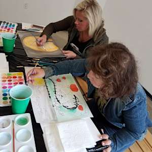 Halloween Sketch by Patricia A Kelley  Image: Roslyn and her care worker Sam painting Halloween scenes! Roslyn's favorite "Nightmare before Christmas".
