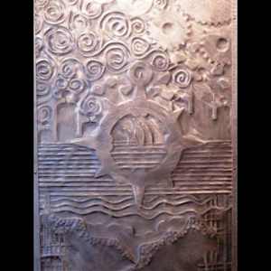 University of Toledo/Gillham Hall Purchases by Bonnie Dolin, John & Marcia Koverman, Dana Oldfather, Jan Bell, Edward Casagrande, Beth Himsworth, Katherine Ignatenko, Melinda Rosenberg, Michael Sheets, Sai Sinbondit, Becky Linhardt  Image: Edward Casagranse, OH 
"Peace Panel", MM Metal, 84" x 30", $4,500