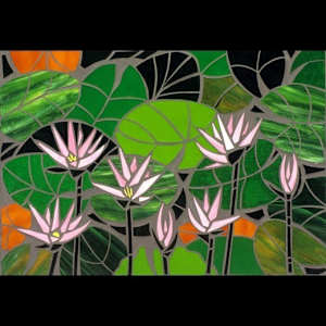 University of Toledo/Gillham Hall Purchases by Bonnie Dolin, John & Marcia Koverman, Dana Oldfather, Jan Bell, Edward Casagrande, Beth Himsworth, Katherine Ignatenko, Melinda Rosenberg, Michael Sheets, Sai Sinbondit, Becky Linhardt  Image: Beth Himsworth, Columbus, OH 
"Pink Lilies", Glass mosaic, 20" x 28", $850