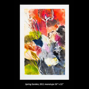 University of Toledo/Gillham Hall Purchases by Bonnie Dolin, John & Marcia Koverman, Dana Oldfather, Jan Bell, Edward Casagrande, Beth Himsworth, Katherine Ignatenko, Melinda Rosenberg, Michael Sheets, Sai Sinbondit, Becky Linhardt  Image: Katherine Kadish, Yellow Springs, OH 
"Spring Garden", Monotype, 35" x 22", $1,600