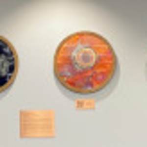 "Kytos" and "Microorganisms" (MU - Pearson Hall) by Cliff Garten, Cheryl Safren  Image: Cheryl Safren, "Microorganisms"
22" to 20"
Copper disks
Eight disks on the first-floor seating area. 10 disks for a similar wall on the second floor. Two disks in each of the two East section seating areas with an additional four to make for a
total of 22 - 20-inch framed disks. Also included are activated QR codes supplying educational information pertaining to each microorganism to be mounted below each artwork.