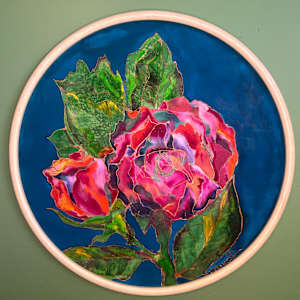 Forever by MJ Okawa  Image: Celebrate the timeless elegance of roses with “Forever “, a stunning round silk painting framed in natural wood.