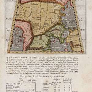 Page from the book "Tabula nona dell'Europa", on the front the map of Dacia, on the back the map of Macedonia, Venice by Giovanni Antonio Magini