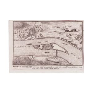 Orshova Citadel above an island on the Danube (Ada Kaleh) by Giuseppe Filosi, Gio. de Honftein
